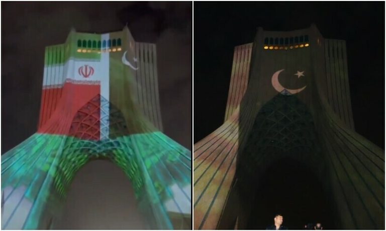 Tehran's Azadi Square lit up with the flags of Pakistan and Iran