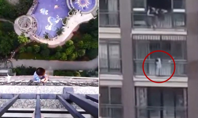 How was the four-year-old child who fell from the 16th floor safe?